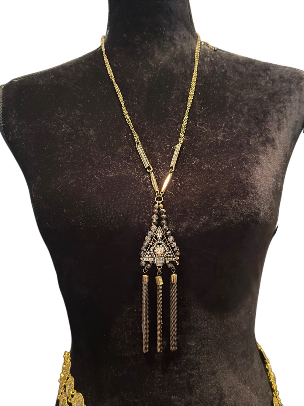 VTG Art Deco Geometric Shield Tassel Statement Necklace Gold Tone